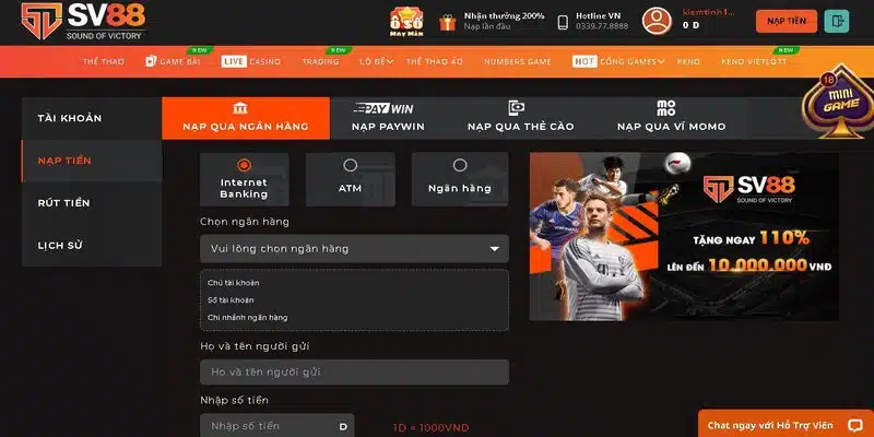 Hướng dẫn nạp tiền SV88 qua chuyển khoản ngân hàng